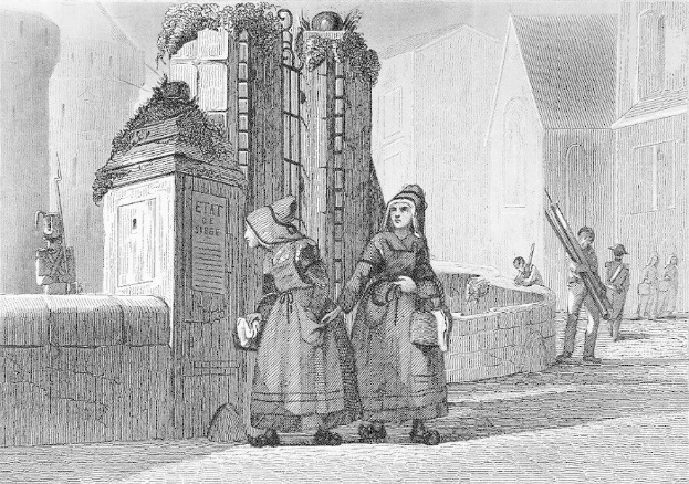 Schwarz-weißes Gravur von zwei Frauen vor einem Gebäude mit einigen anderen Menschen im Hintergrund, betitelt mit "Victorian Women in the City of London".