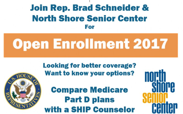 Plakat zur Ankündigung eines offenen Enrollment-Events mit dem Kongressabgeordneten Brad Schneider und dem North Shore Senior Center, mit Eventdetails und Logo.