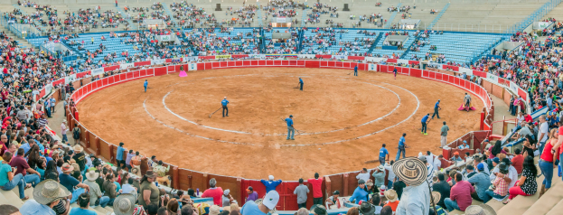 Eine große Menschenmenge schaut bei einer Stierkampfveranstaltung in einem Stadion zu, wobei einige stehen, sitzen und Gegenstände halten, während eine Person mit Hut unten steht.