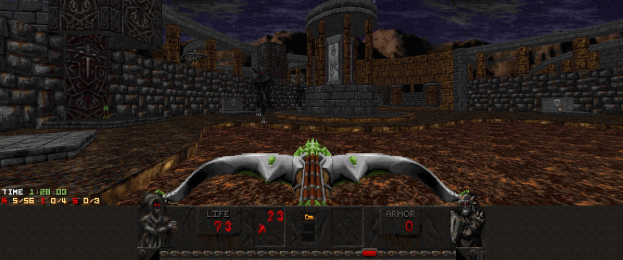 Ein Dungeon in *Dungeon Master II* mit einem Drachen in der Mitte, umgeben von Wänden, Säulen und Gegenständen, mit spielbezogenen Zahlen und Text unten.