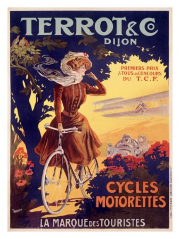 Ein Plakat, das eine Fahrradtour in Frankreich ankündigt und eine Frau zeigt, die ein Fahrrad durch eine Landschaft mit Bäumen, Blumen und anderen Menschen fährt, mit Texten, die die Tour beschreiben.