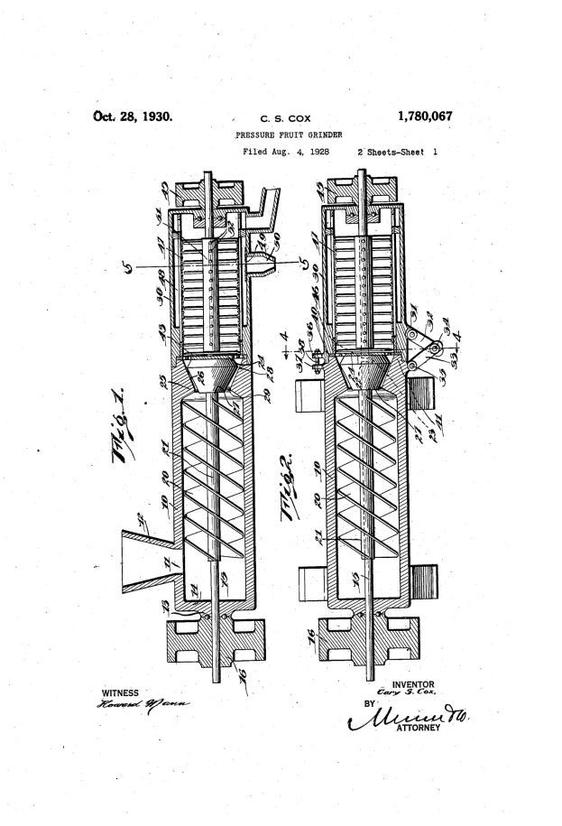Eine technische Zeichnung einer Hydraulikpumpe mit dem Text "US Patent 1,780,077" und "Patent für eine Hydraulikpumpe" auf einem weißen Hintergrund.