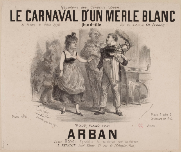 Eine Zeichnung eines Mannes und einer Frau in traditioneller Kleidung vor einem festlichen Karneval mit der Aufschrift "le carnaval d'un merle blanc"
