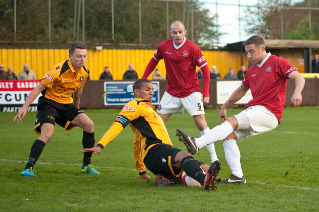 Spieler in blauen und roten Uniformen spielen ein Spiel auf einem grÃ¼nen Feld mit einem Ball, wÃ¤hrend Zuschauer auÃŸerhalb des Feldes stehen und jubeln, mit einem Baum und Himmel im Hintergrund.