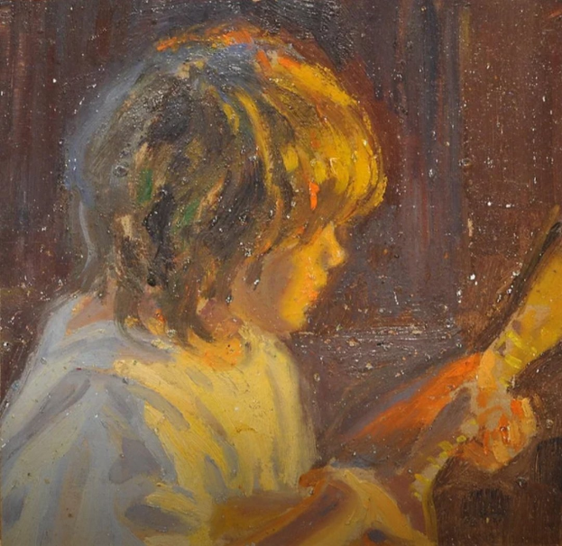 Gemälde eines jungen Jungen in einem weißen Hemd, der eine Gitarre spielt und konzentriert schaut.