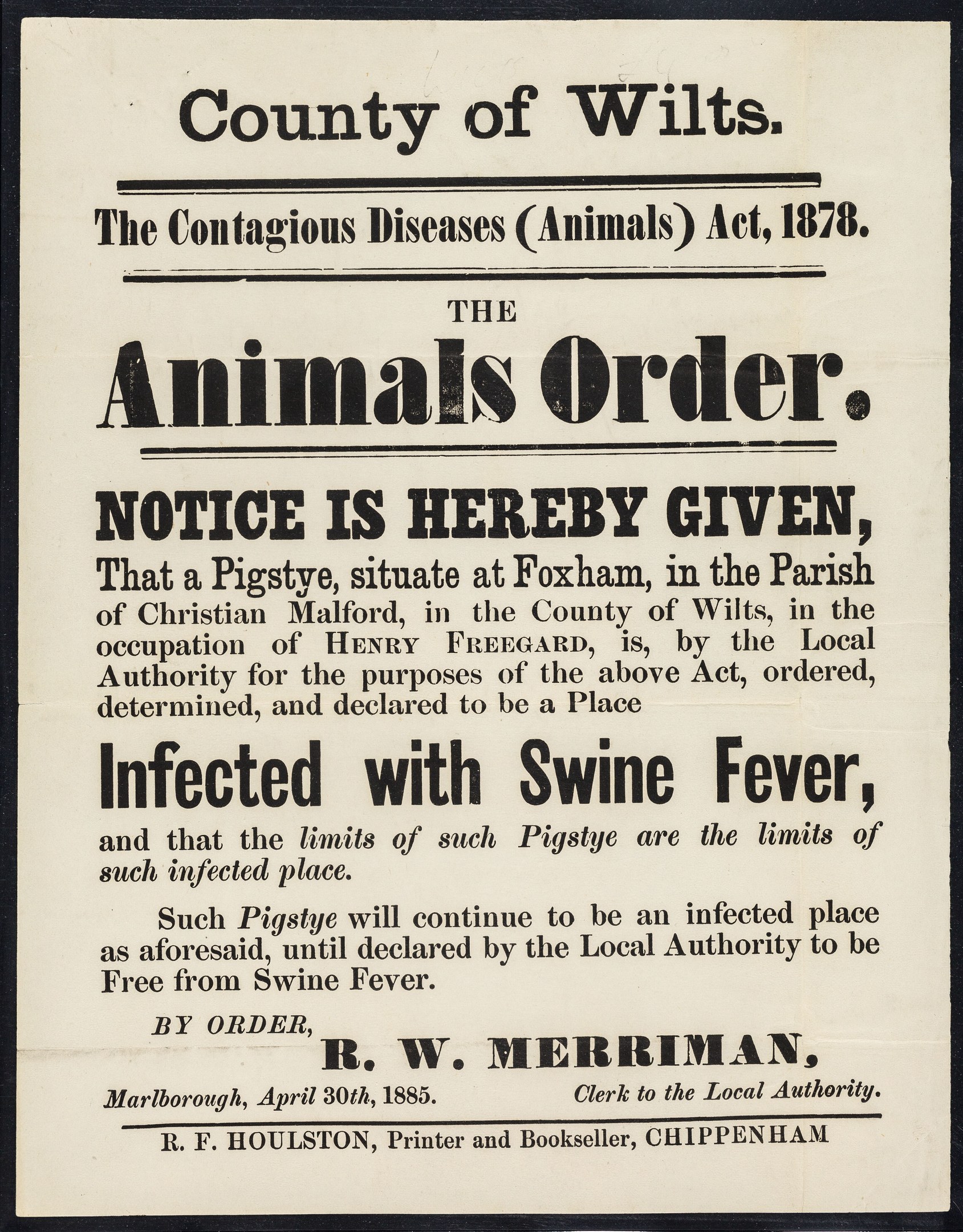 Plakat mit der Aufschrift "Der Landkreis Wilts, Das Tierseuchen-Gesetz von 1878" Ankündigung einer Bekanntmachung über Schweinepest bei infizierten Tieren.
