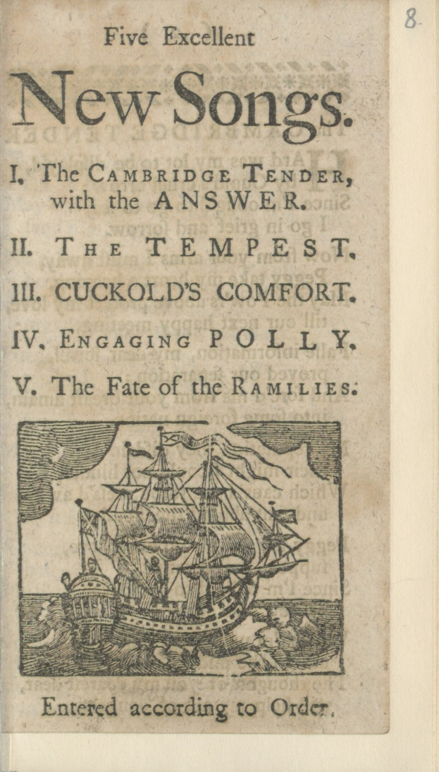 Altes Buchcover mit einer Schiffsdarstellung, betitelt "Fünf ausgezeichnete neue Lieder", vor einem blauen Himmel mit weißen Wolken.