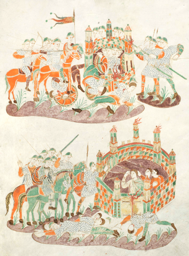 Eine mittelalterliche Handschriftenseite, die eine Kampfszene mit bewaffneten Männern zu Pferd zeigt, eine Burg im Hintergrund umgeben von grünem Gras und Bäumen, unter einem tiefblauen Himmel.