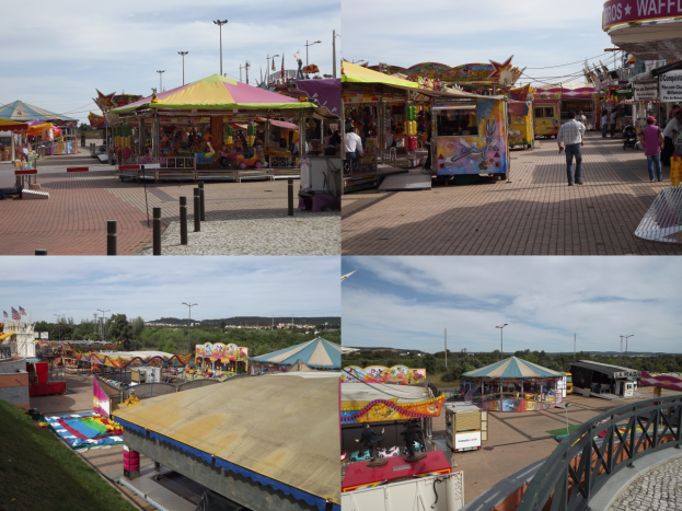 Eine lebendige Karnevalsszene mit verschiedenen Fahrgeschäften, Buden, Menschen, Pfählen und Lichtern vor einem Hintergrund aus Bäumen und einer bewölkten Himmel, mit einem Wasserzeichen.
