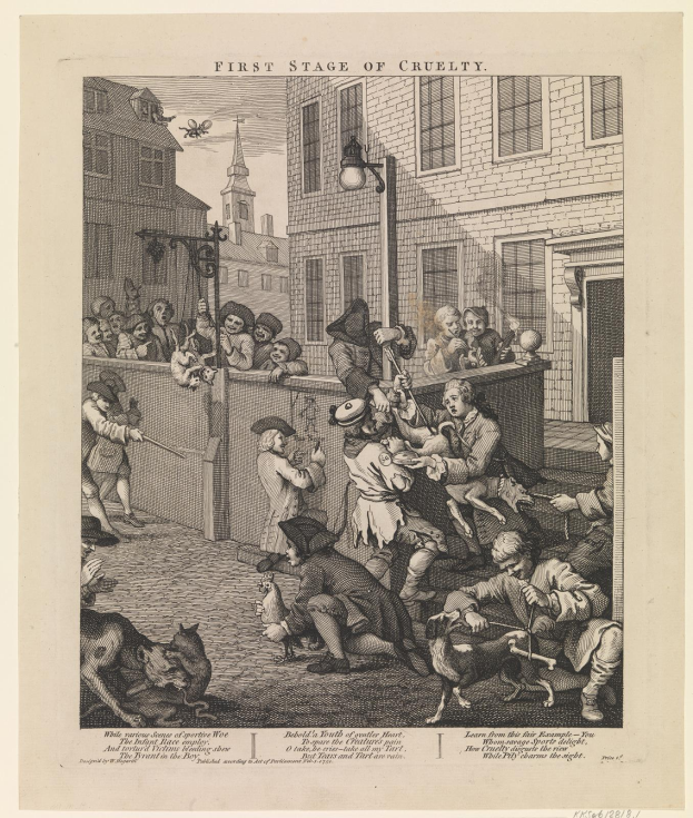 Eine Gruppe von Menschen und Tieren versammelt sich um ein Gebäude mit Fenstern, einem Lichtmast und einem Himmel im Hintergrund, mit einem Text unten, der 'Erste Stufe der Grausamkeit' lautet.