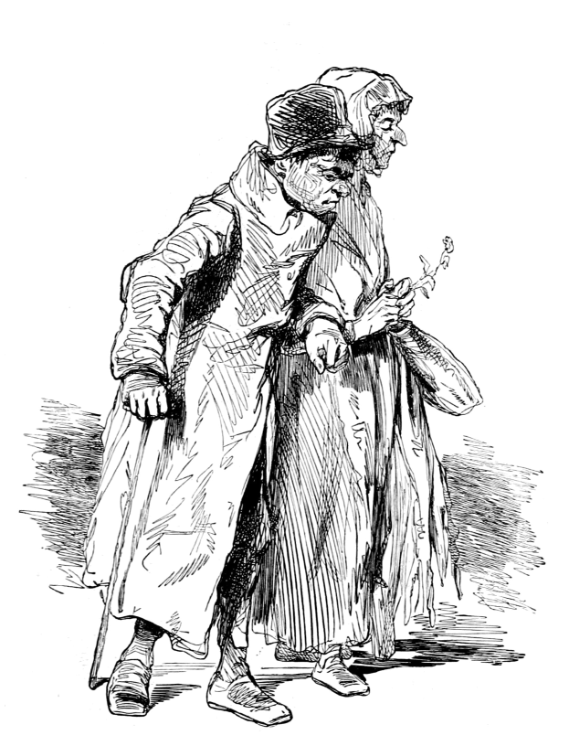 Schwarz-weißes Foto eines älteren Paares, das die Straße entlang geht, der Mann trägt eine Mötte und die Frau hält ein Objekt in der Hand.