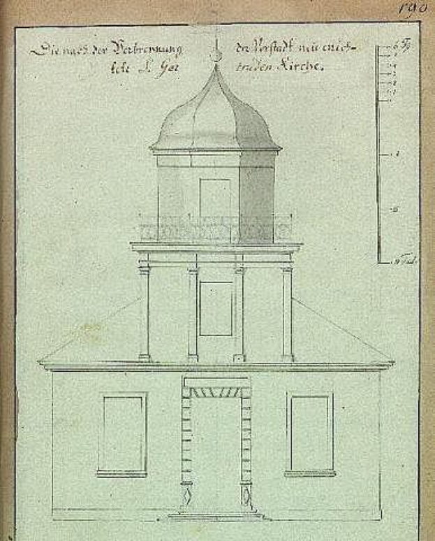 Ein Buch mit einer Zeichnung eines kuppelförmigen Gebäudes, das als die Kirche des Heiligen Grabes in Berlin, Deutschland, identifiziert wird, mit begleitendem Text.