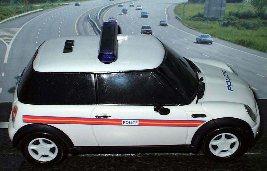 Ein weißes Polizeifahrzeug steht im Vordergrund, dahinter bewegen sich mehrere Autos auf der Straße, umgeben von Gras und Bäumen auf beiden Seiten.