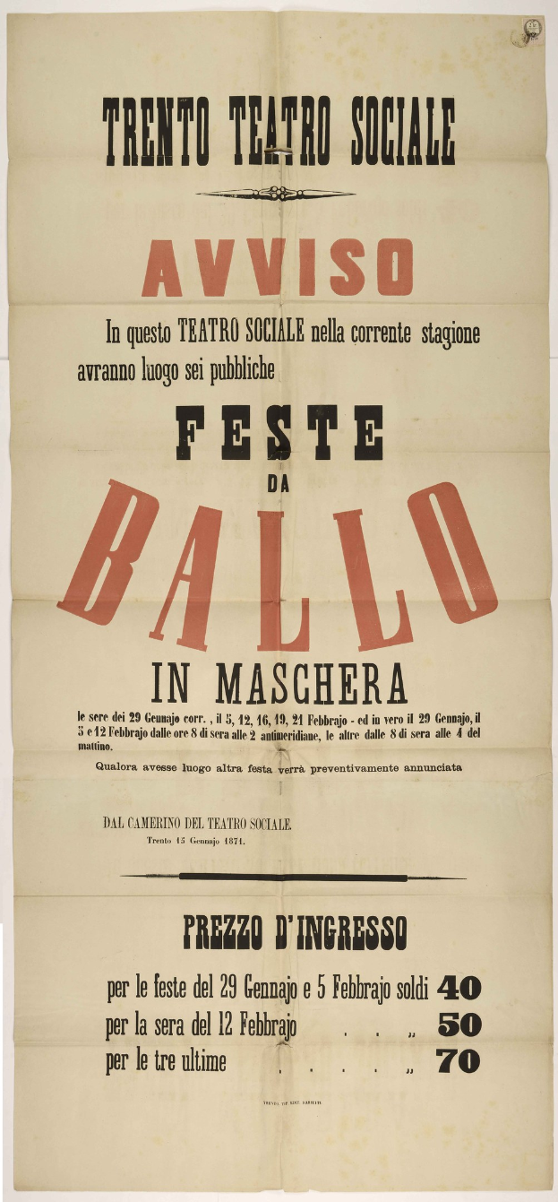 Plakatwerbung für ein altes Festival in Maschera, Italien mit Textbeschreibung des Ereignisses.