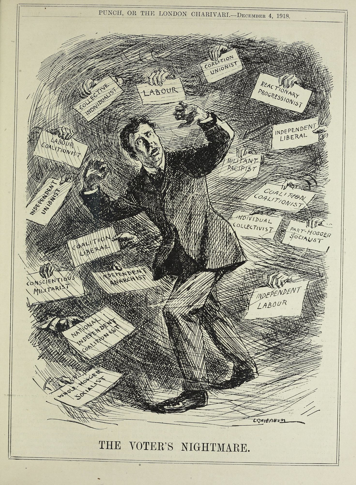 Ein Blatt Papier mit einer Zeichnung eines Mannes im Anzug und Krawatte, der ein Schild hält, auf dem in fetter Schrift "Der Albtraum des Wählers" steht.