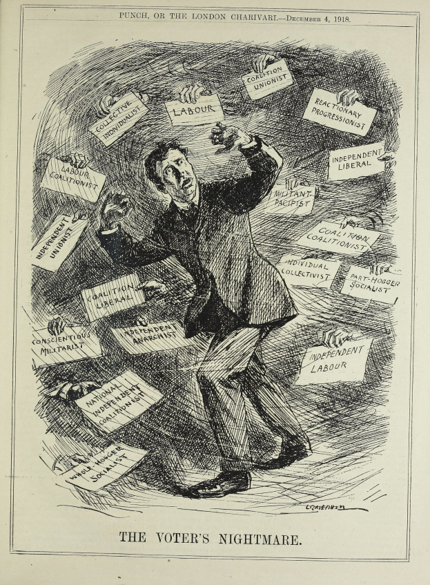 Ein Blatt Papier mit einer Zeichnung eines Mannes im Anzug und Krawatte, der ein Schild hält, auf dem in fetter Schrift "Der Albtraum des Wählers" steht.