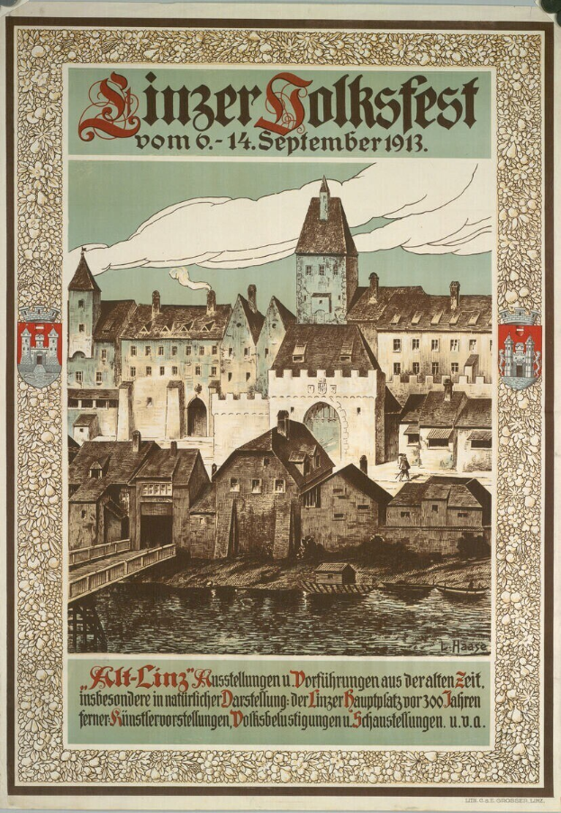 Plakat für ein deutsches Festival, das eine Illustration eines Schlosses umgeben von Häusern enthält und Text über das Ereignis enthält.