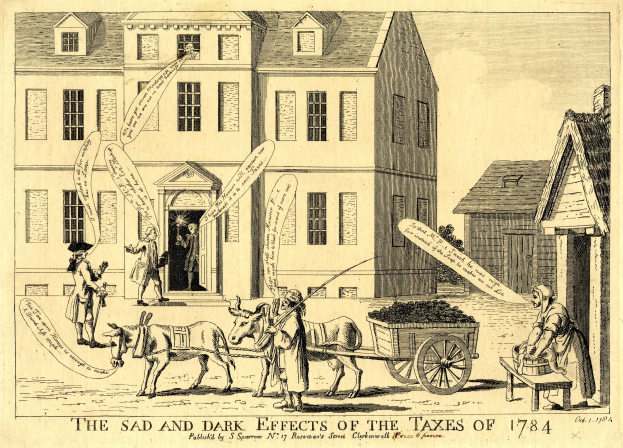 Ein Blatt mit einer Zeichnung eines Gebäudes, einen Wagen mit Gegenständen und einige Menschen, mit Text unten lesbar "die traurigen und dunklen Auswirkungen der Steuern von 1784".