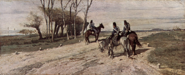 Gemälde namens "Reiter auf der Straße" von Joseph Mallord William Turner, das eine Gruppe von Menschen in traditioneller Kleidung zeigt, die auf Pferden eine Schotterstraße entlangreiten, umgeben von Bäumen und einem klaren blauen Himmel.