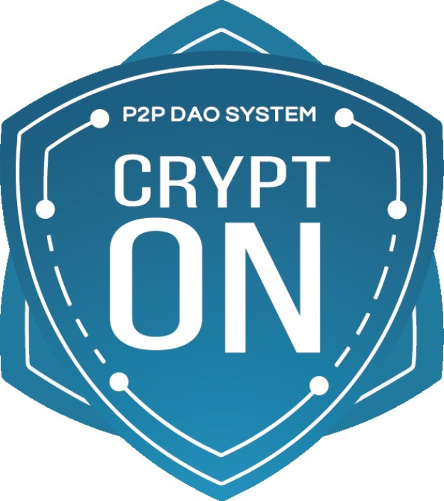 Blauer Schild mit dem Text "Crypt On" auf einem weißen Hintergrund.