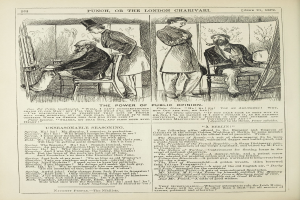 Illustration eines alten Buchumschlags mit einem Mann in einem Anzug, der in einem Stuhl sitzt und nachdenklich eine Frau neben ihm stehen sieht, mit der Überschrift "Die Macht der öffentlichen Meinung"