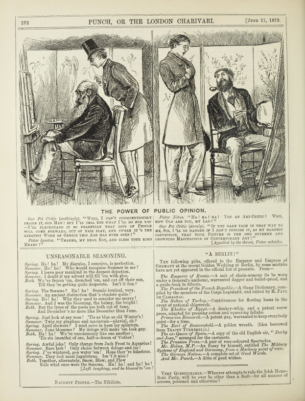 Illustration eines alten Buchumschlags mit einem Mann in einem Anzug, der in einem Stuhl sitzt und nachdenklich eine Frau neben ihm stehen sieht, mit der Überschrift "Die Macht der öffentlichen Meinung"