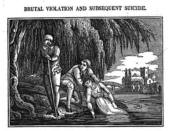 Ein Schwarz-Weiß-Foto eines Mannes, der eine Frau mit einem Stock bedroht, während sie auf dem Boden liegt, mit Bäumen, Gebäuden und einem bewölkten Himmel im Hintergrund, und der Text 'brutale Gewalt und anschließender Suizid' oben und unten.