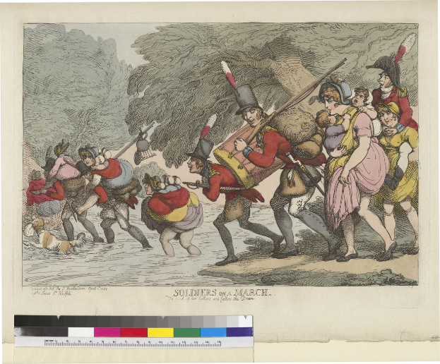 Eine Gruppe von Soldaten marschiert, einige tragen Gegenstände auf dem Rücken, mit Bäumen im Hintergrund und Text am unteren Bildrand.