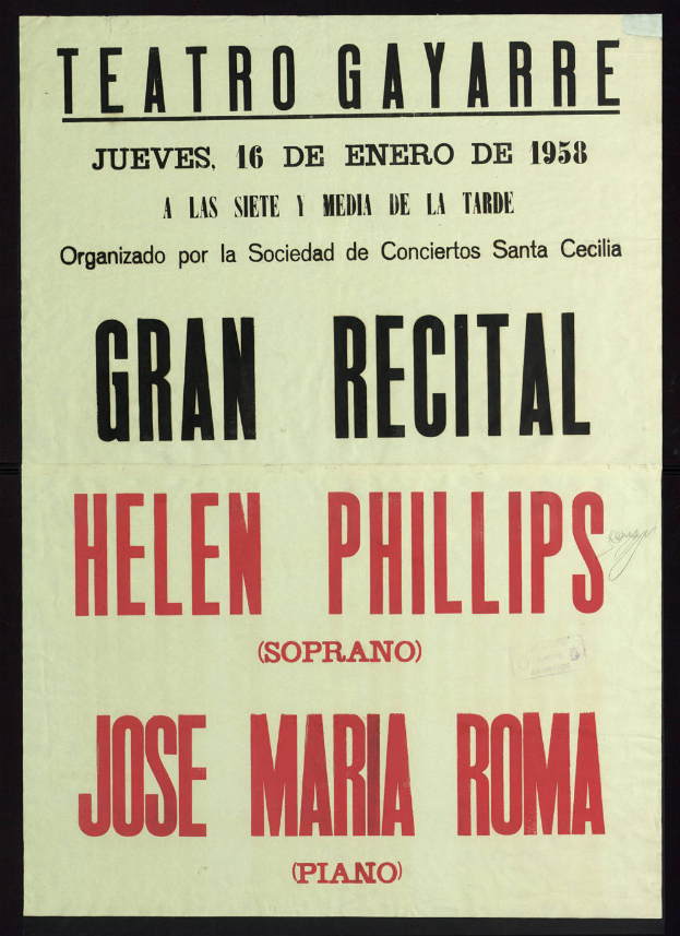 Ein Konzertplakat mit Helen Phillips und Jose Maria Roma mit Veranstaltungdetails.