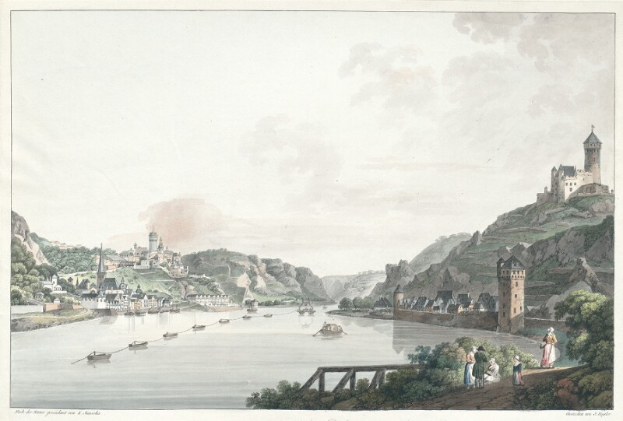 Ein Gemälde, das den Rhein in Rhein-Westfalen, Deutschland, mit Booten, einer Brücke, Menschen, Bäumen, Gebäuden, Hügeln und einem Himmel im Hintergrund zeigt.