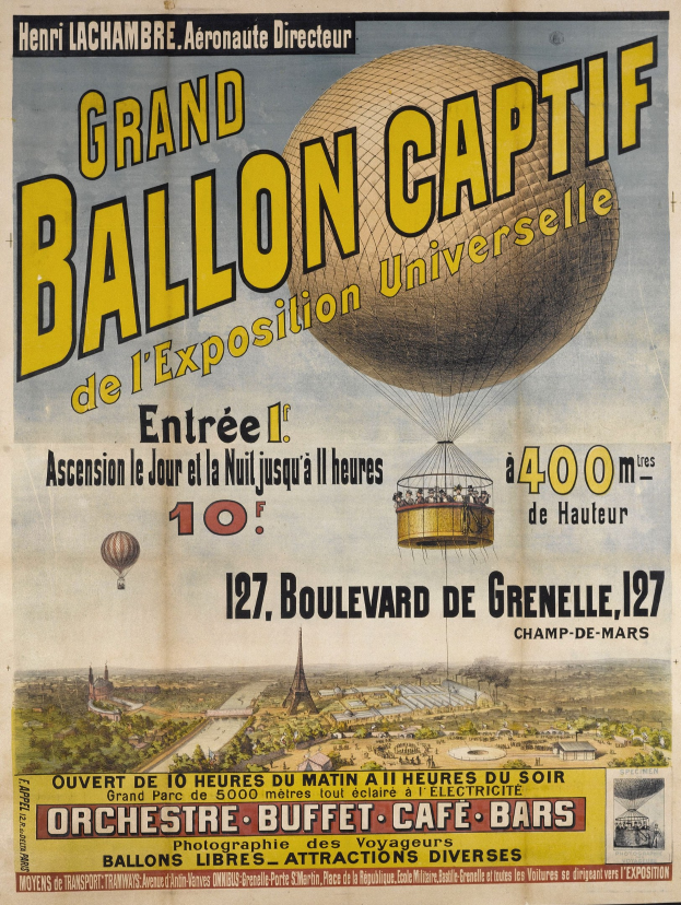 Alter Plakatwerbung für den "Ballon Captif de l'Exposition Universelle" mit Bildern von Heißluftballons, Gebäuden, Bäumen und Himmel sowie Text mit Veranstaltungseinzelheiten.