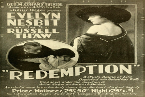 Alter Filmplakat mit dem Titel 'Rettung' mit Evelyn Nesbit und Russell Thaw, mit einer zentralen Abbildung eines Frauenkopfs.