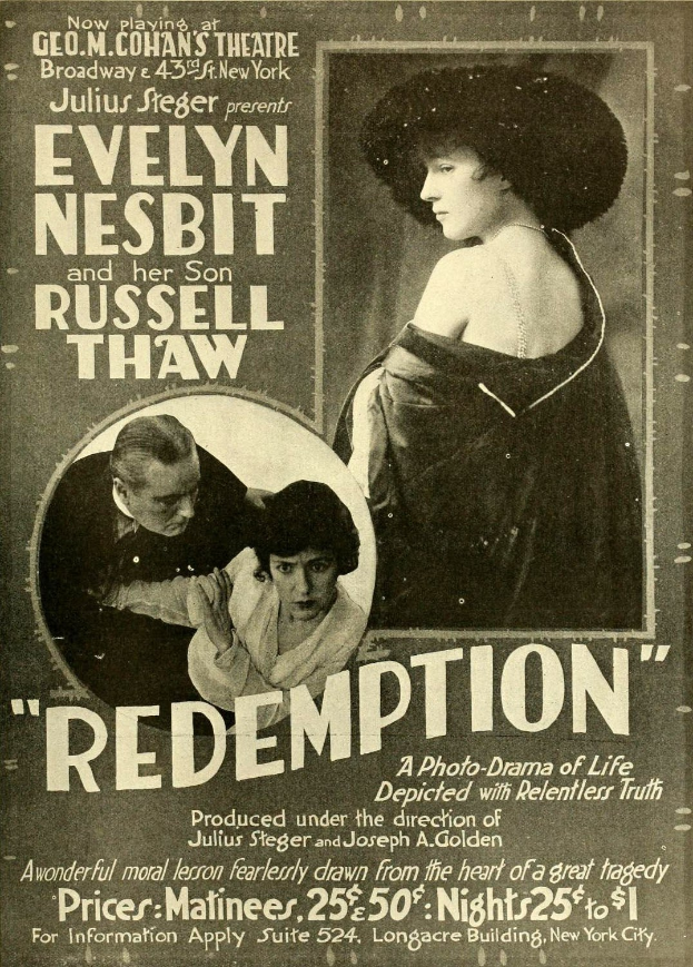 Alter Filmplakat mit dem Titel 'Rettung' mit Evelyn Nesbit und Russell Thaw, mit einer zentralen Abbildung eines Frauenkopfs.