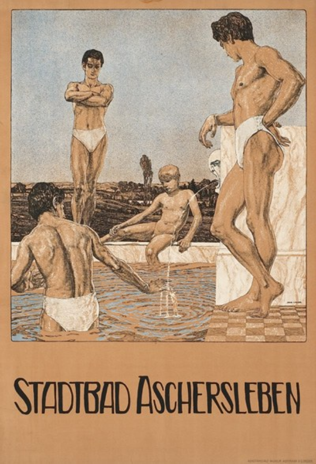 Plakat wirbt für ein Schwimmbad in Aschersleben, Deutschland, mit Menschen im Wasser und Text mit Details über das Schwimmbad und seine Annehmlichkeiten.