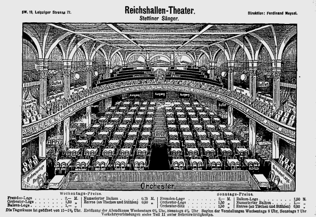 Eine Schwarz-Weiß-Zeichnung des Reichshallen Theaters in Berlin, Deutschland, das das Auditorium mit Sitzreihen, Säulen und einer Decke zeigt, mit Text am unteren Rand.