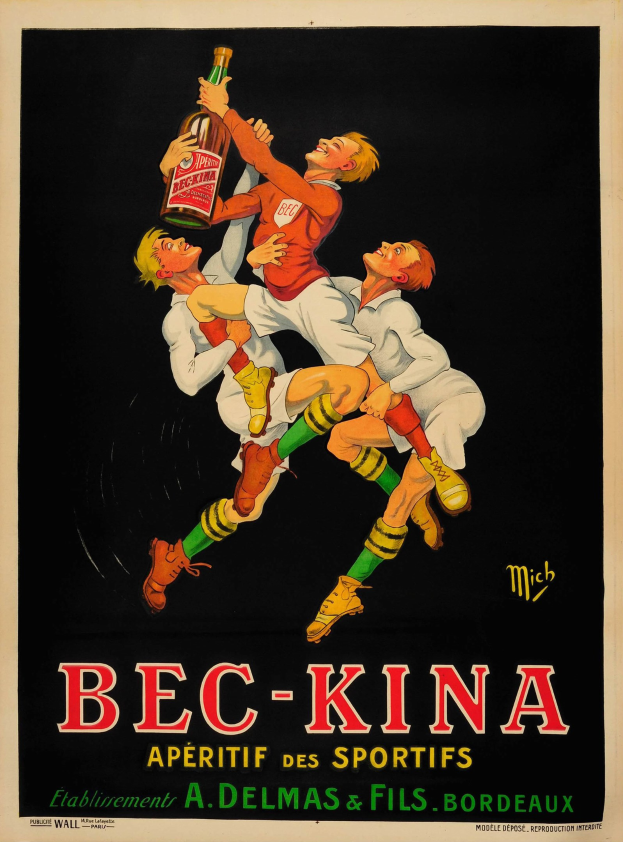 Ein Plakat, das Bec-Kina Aperitif des Sportifs bewirbt, zeigt drei Personen, die eine Flasche der Marke halten, mit Text, der das Produkt und seine Vorteile beschreibt.