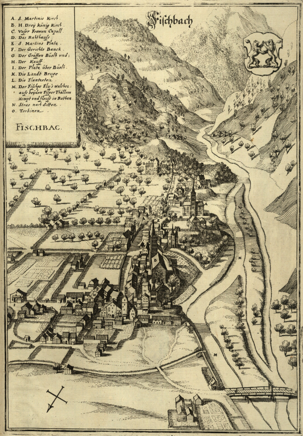 Ein altes Stadtplan von Fischbach, Deutschland, das Häuser, Bäume, Hügel und einen gewundenen Fluss zeigt, mit begleitendem Text.