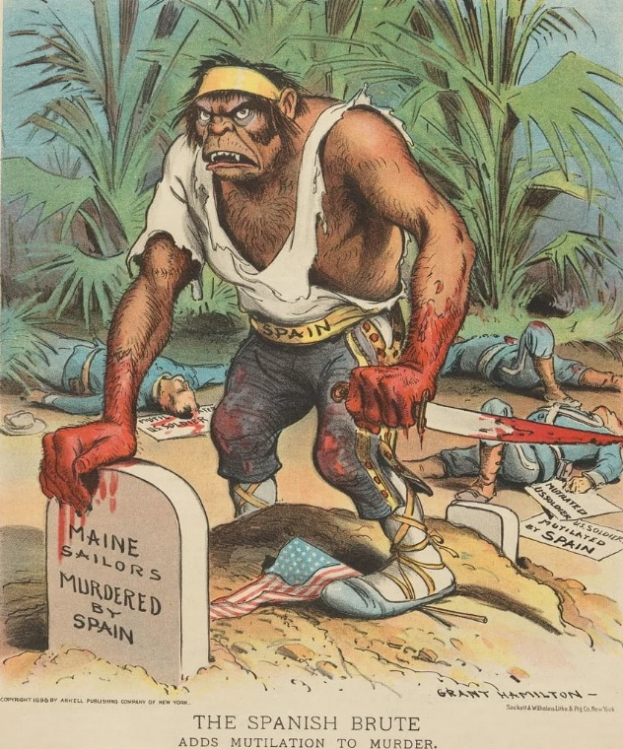 Ein Cartoon zeigt einen Mann mit einem Messer vor einem Grab mit Text, umgeben von liegenden Menschen und Bäumen im Hintergrund. Der Text unten lautet: "Der spanische Grobian fügt Verstümmelung zum Mord hinzu."