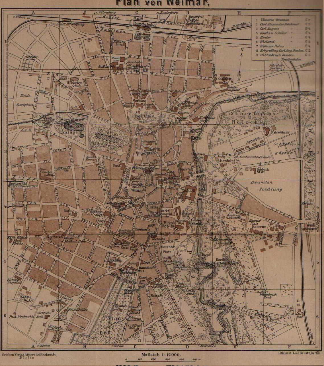 Ein detaillierter historischer Stadtplan von Weimar, Deutschland, der Straßen, Gebäude und Sehenswürdigkeiten mit Text oben und unten zeigt.
