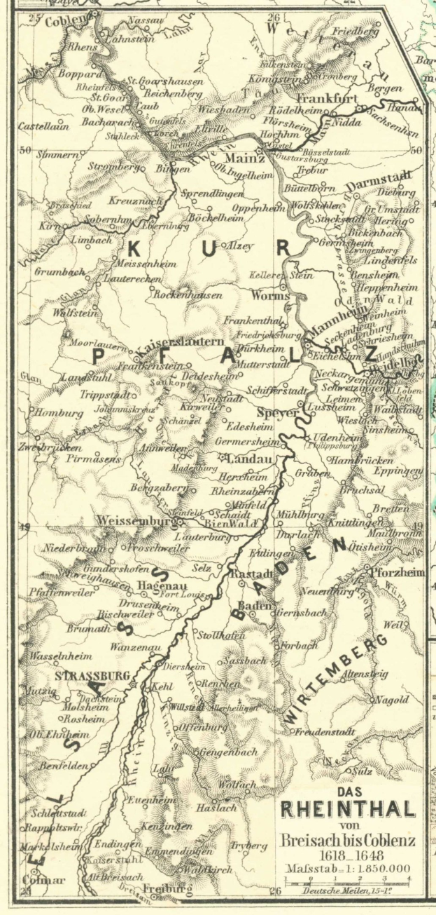 Ein detailliertes altes Kartenbild des Rheins in Deutschland, das Flüsse, Städte und geografische Merkmale zeigt, mit Text oben und unten.