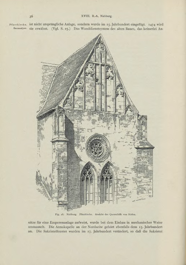 Ein altes Buch mit einer detaillierten Zeichnung einer Kirche auf dem Cover, einschließlich Fenstern, Bögen und Dach, mit Text, der weitere Informationen zur Kirche liefert.