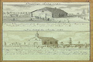 Ein altes Buchblatt mit einer Zeichnung eines Hauses, umgeben von Bäumen, einem Zaun und einem Himmel, mit der Inschrift "Deutschland, 1797-1807 - die Kirche St. Josephs".