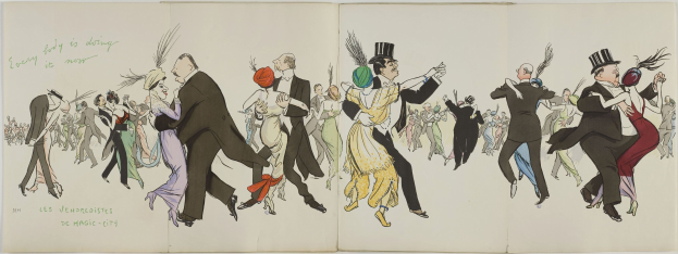 Ein Buchumschlag mit einer detaillierten Illustration einer belebten Stadtlandschaft mit Gebäuden, Fahrzeugen, Menschen, einem Brunnen und Text.