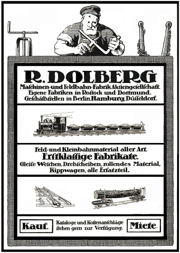 Werbung für die Fabrik von R.D. Dolberg in Hamburg, Deutschland, die eine Person, einen Zug und andere Gegenstände zeigt.