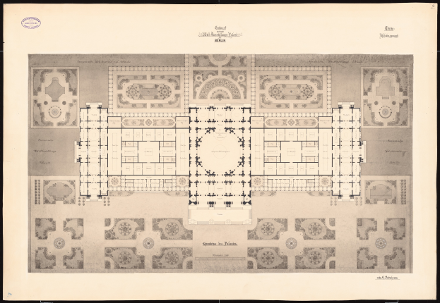 Ein detaillierter Grundriss des Erdgeschosses von Schloss Berlin mit textuellen Anmerkungen ├╝ber die Raumaufteilung des Geb├Ąudes.
