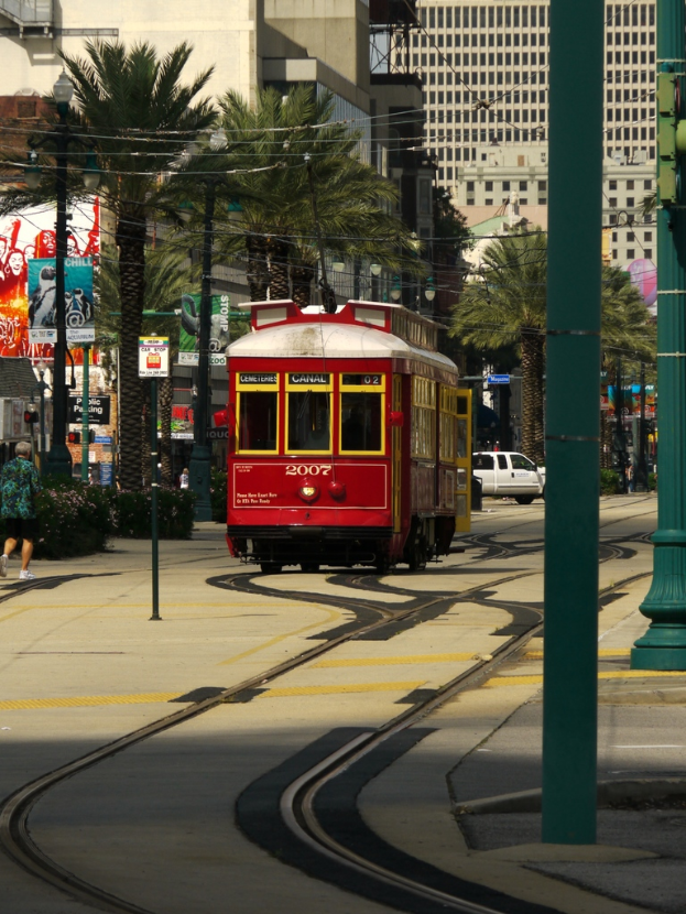 Ein Bus steht auf einer Straße mit einem Auto, Bäumen, Gebäuden, Pfählen und Brettern im Hintergrund.