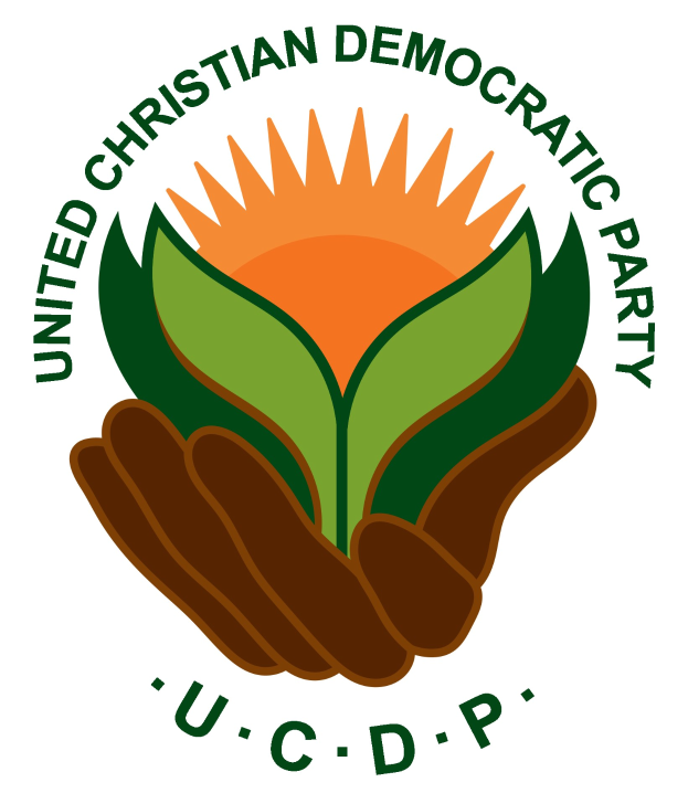 Logo der Vereinigten Christdemokraten (UCDP): eine Hand, die eine leuchtend gelbe Blume mit einem grünen Stiel und Blättern hält, zentriert innerhalb eines blauen und gelben Kreises auf einem weißen Hintergrund, mit der Schrift "UCDP" in fetter schwarzer Schrift darunter.