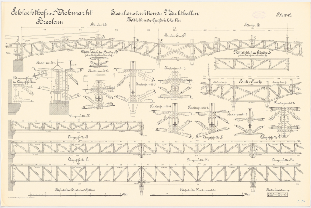Ausführliches architektonisches Zeichnung eines Brückens auf Papier mit begleitendem erklärendem Text.