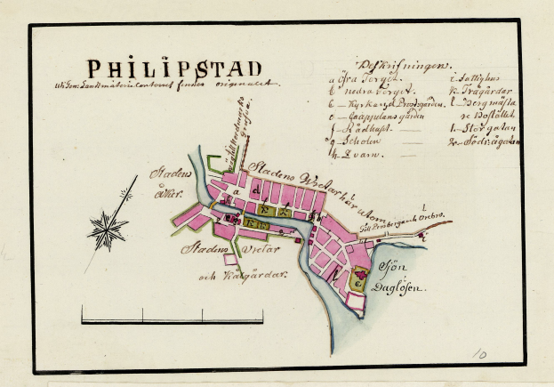 Ein detaillierter Stadtplan von Philippstadt, Deutschland, der Straßen, Gebäude und Sehenswürdigkeiten zeigt.