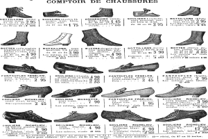 Eine Seite aus einem Buch, die verschiedene Damenschuhe mit einzigartigen Designs, Mustern, Farben und Preisschildern zeigt, ordentlich mit Details zu Größe und Form angeordnet.